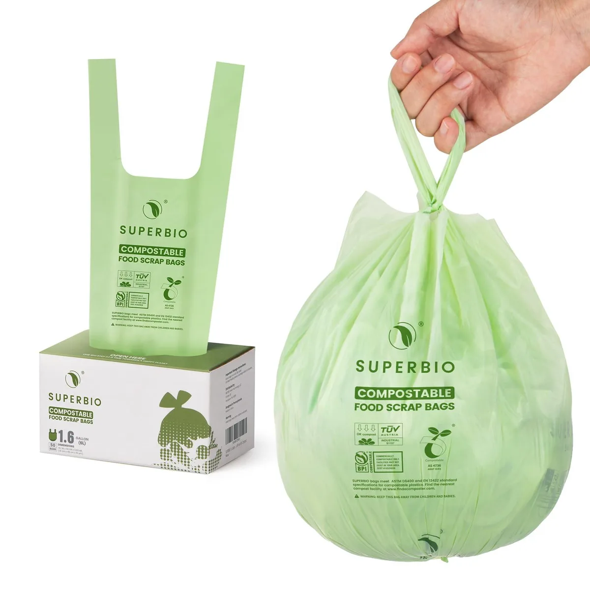 A roll of 50 green compostable bags with handle ties, 1.6 gallon capacity, 16.1 by 19.3 inches, 0.63 mil thick, in a cardboard box