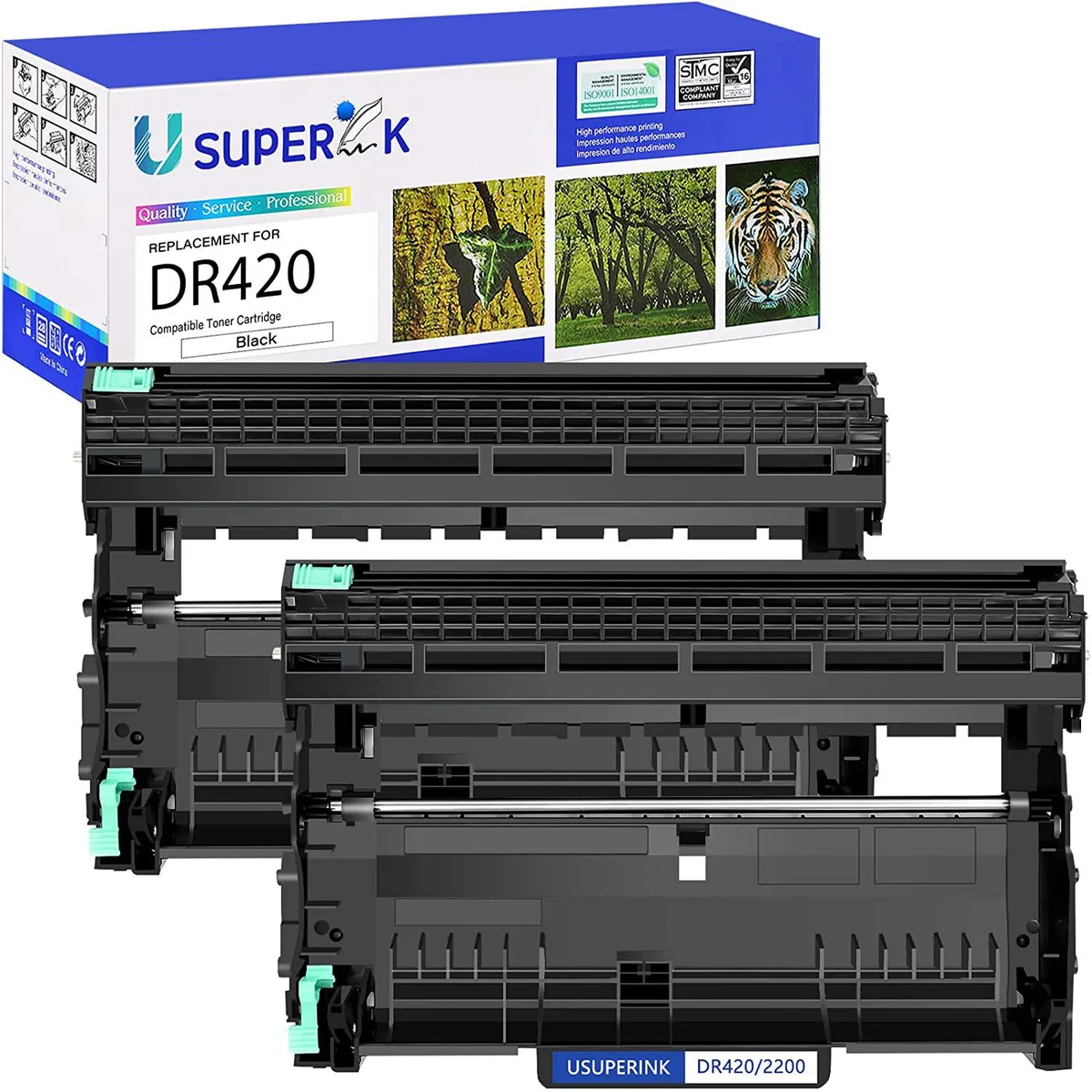 Two black laser drum units in protective packaging