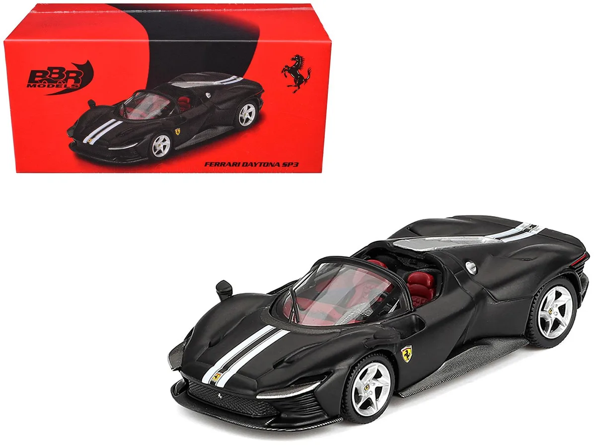 BBR BBR Ferrari Daytona SP3 Matt Black White Stripes Red Interior 1/64 Diecast — product photo