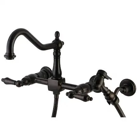 Wall-mounted brass kitchen faucet with two handles, oil-rubbed bronze finish