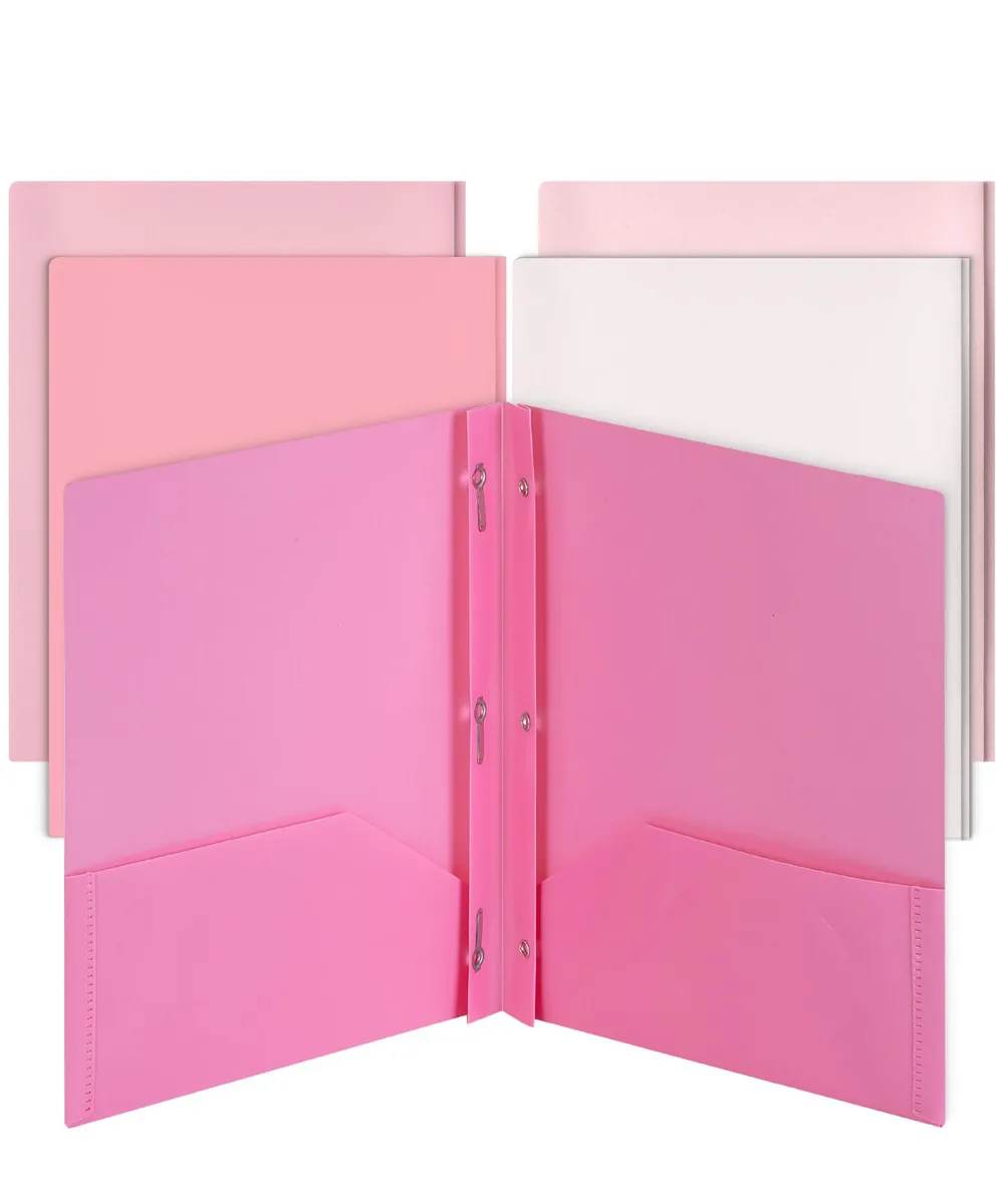 Five dusty rose plastic folders with pockets and prongs