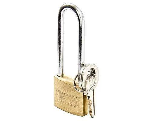 Small solid brass padlock with long shackle in bright brass finish