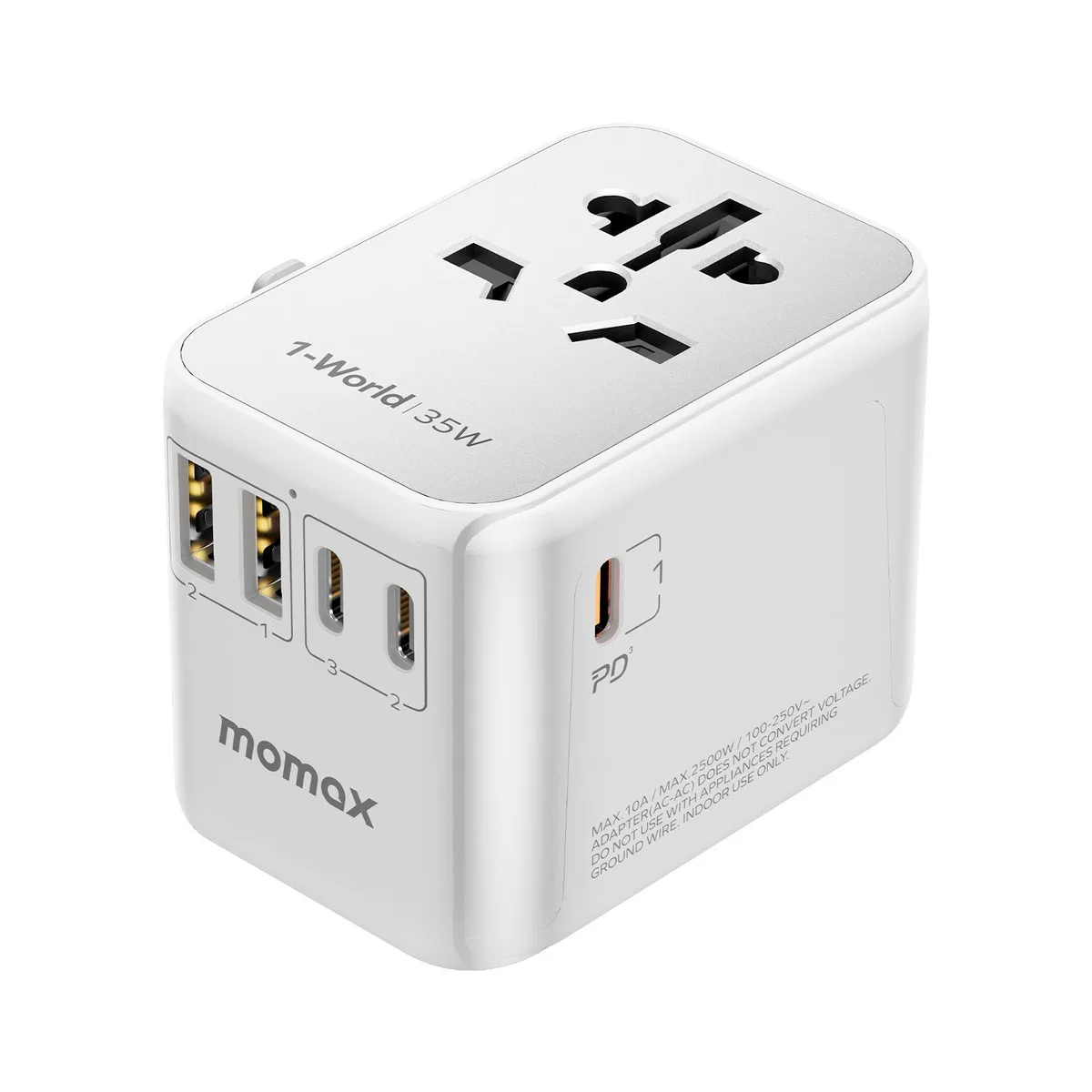 MOMAX Technology Ltd. MOMAX Technology Ltd. UA9W Universal Travel Adapter 35W Power Adapter 3 USB-C 2 USB-A White — product photo