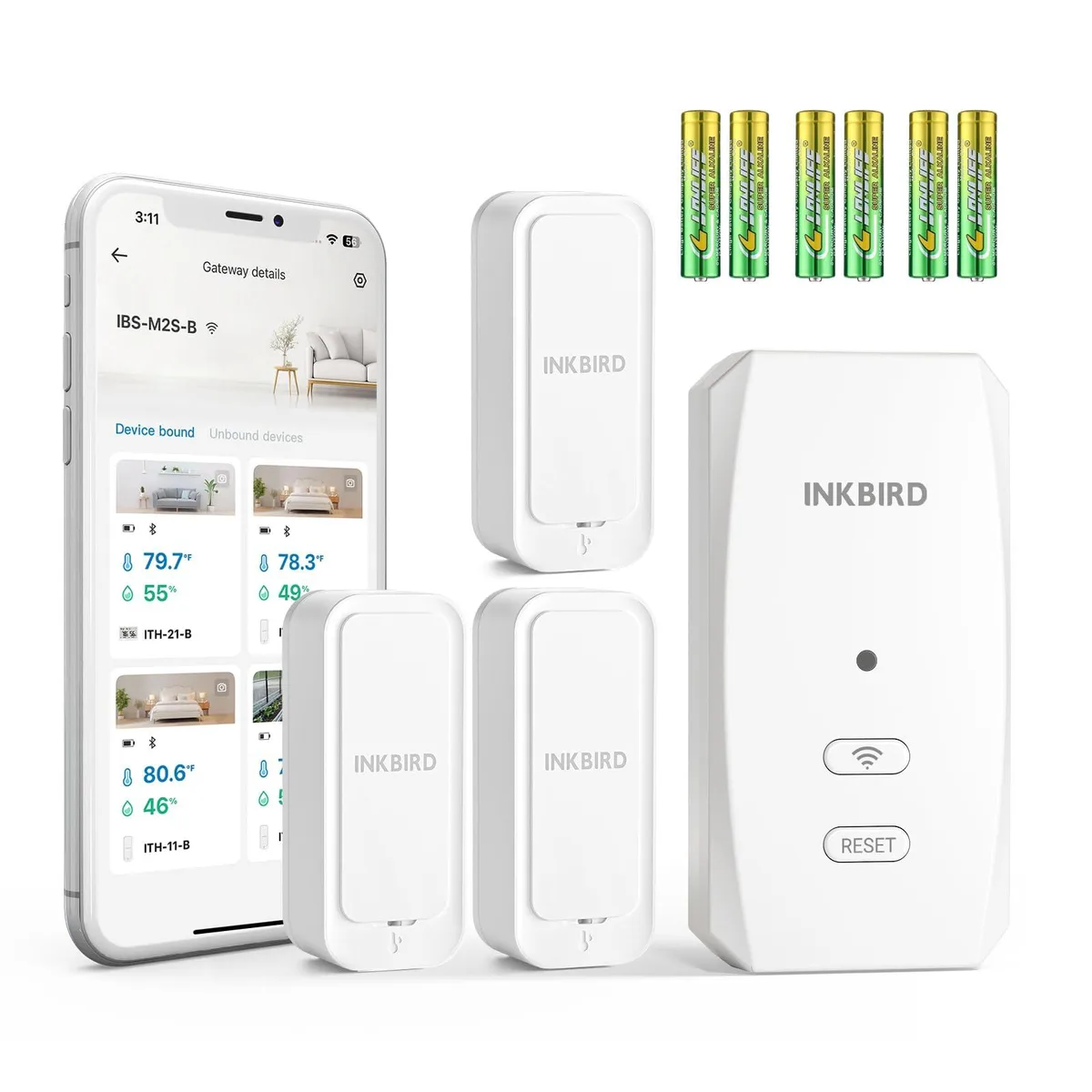 Three small white rectangular sensors with a gateway device, Bluetooth 5.0 connectivity