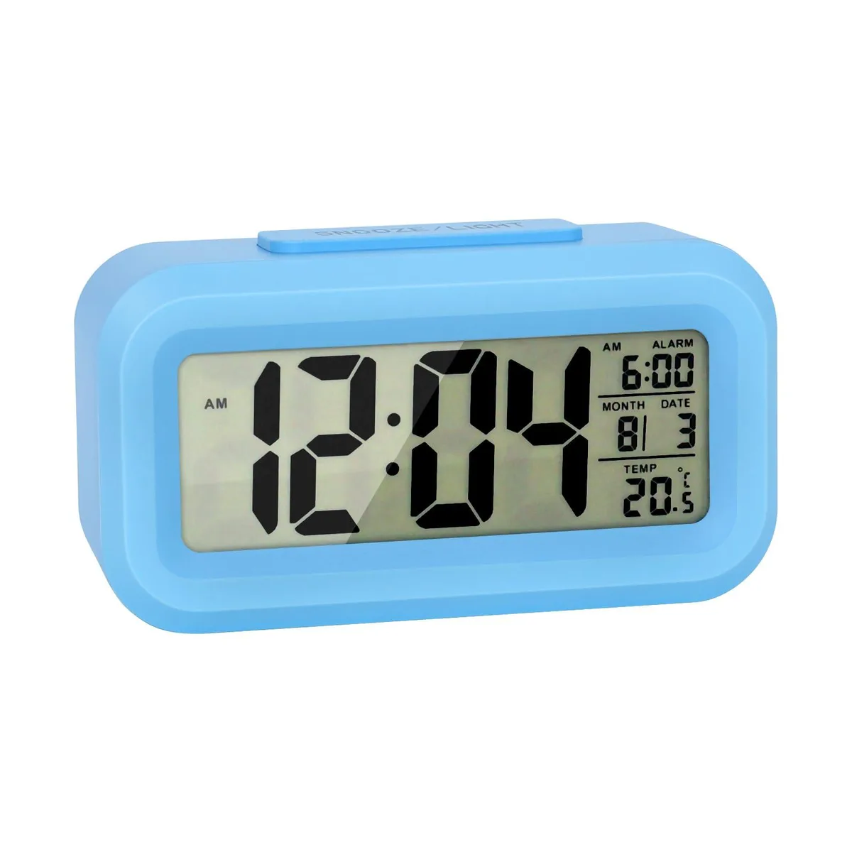 Small blue rectangular digital clock with LCD display