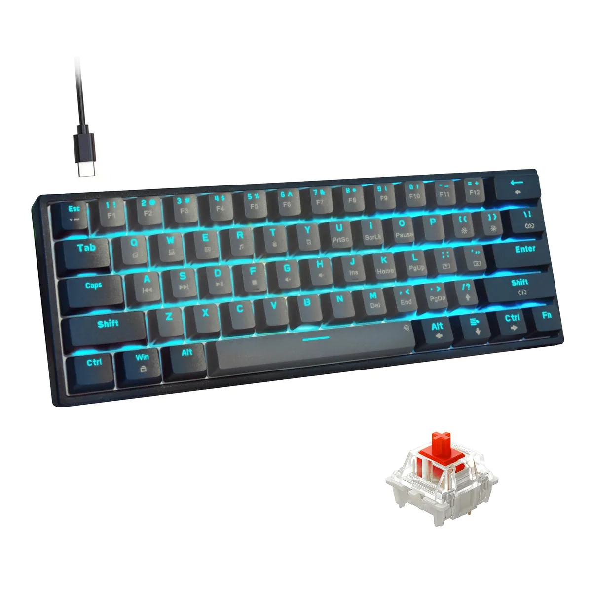  Redragon 60% Wired Mechanical Gaming Keyboard 61 Keys Red Switch Ice Blue LED Black-Grey — product photo