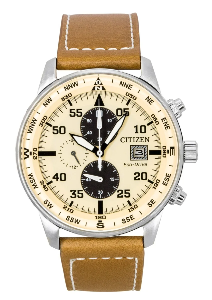 Citizen Citizen Eco-Drive Aviator Chronograph CA0880-15X 44.00 mm Beige Dial Leather Strap 100M — product photo
