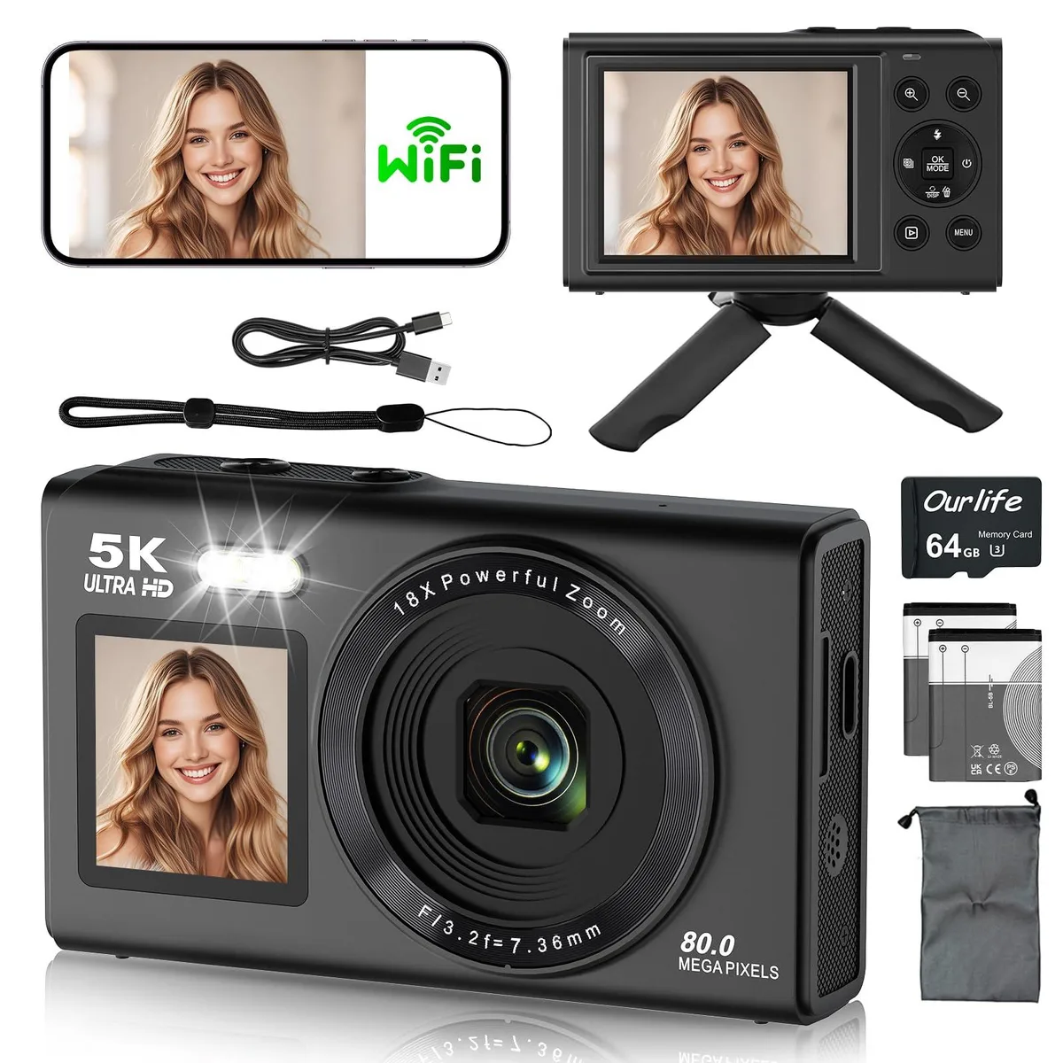 Ourlife S150PRO 80MP 5K Dual Screen Camera Kit 18x Zoom 64GB — product photo