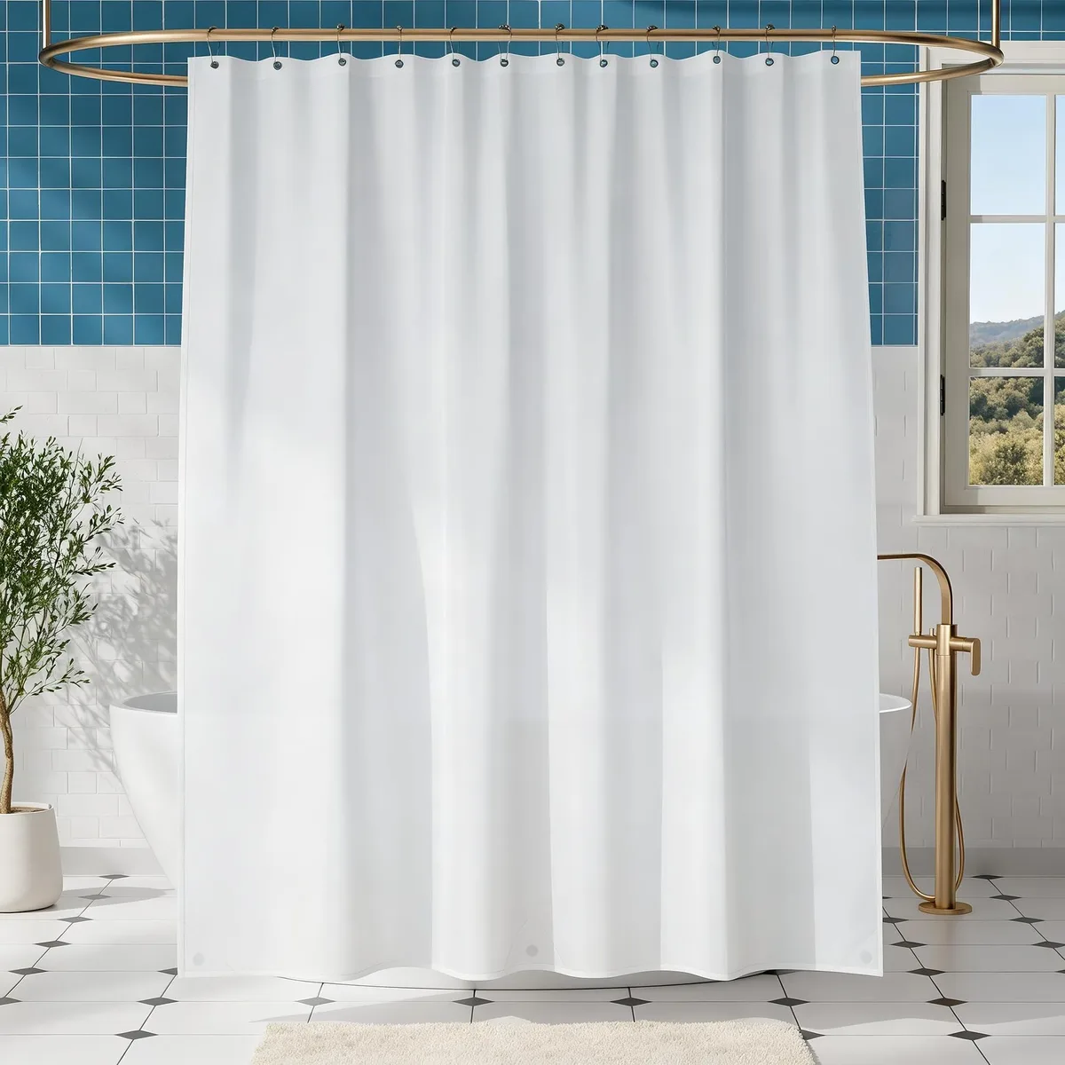 White polyester shower curtain liner 70 by 72 inches with 12 grommets