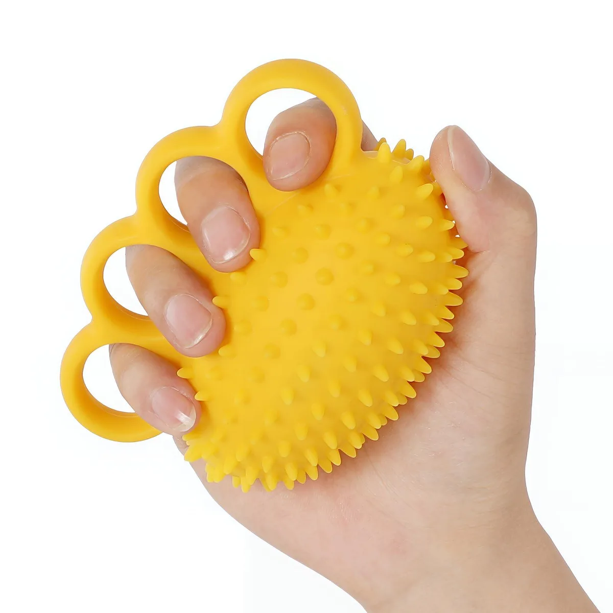 Yellow rubber squeeze ball, 3 inches diameter, textured surface