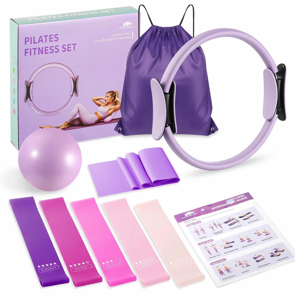 Purple 12-piece Pilates kit with 13-inch ring, 9.8-inch ball, resistance bands, bag
