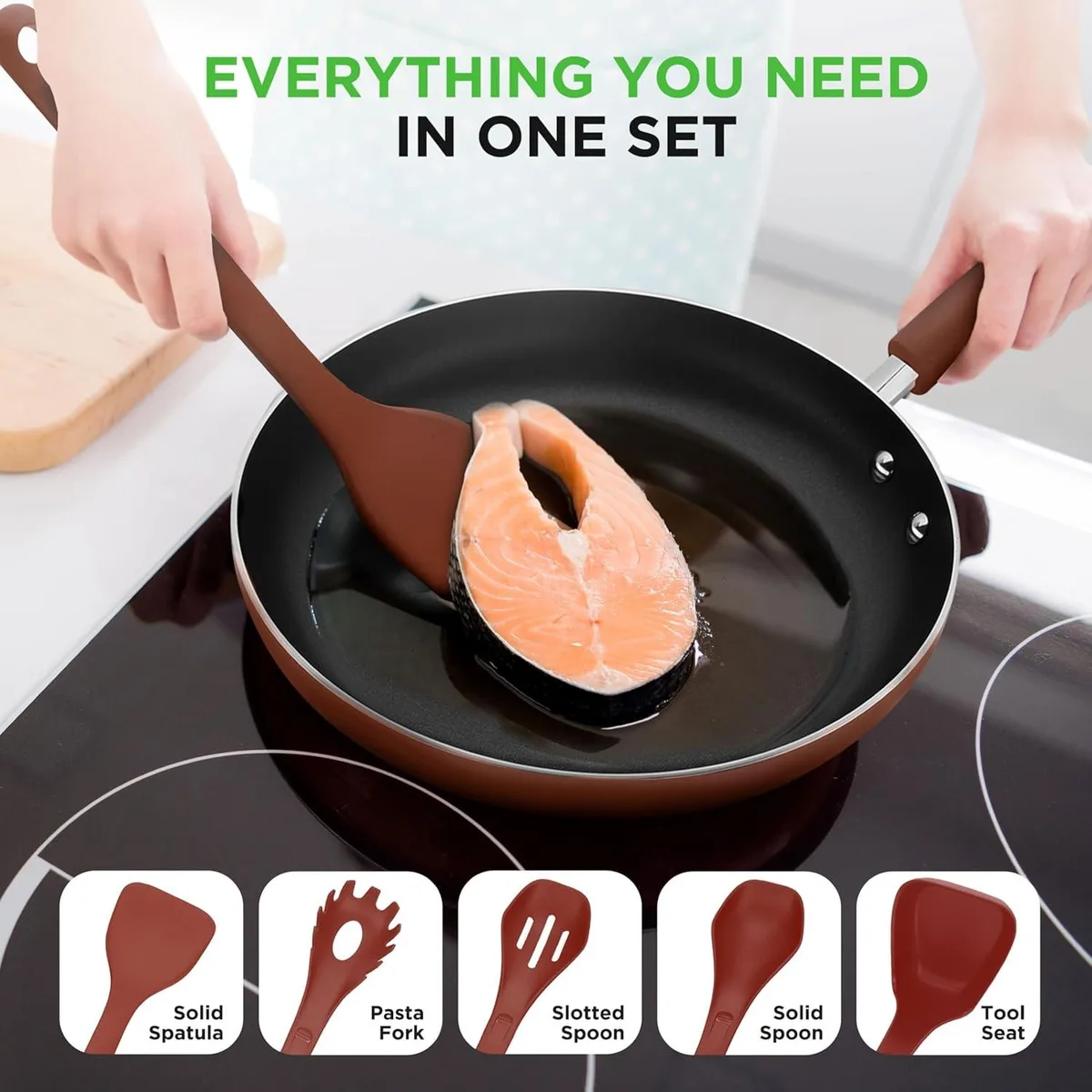 NutriChef USA NutriChef USA NCWSTKBRUTENS 5pc heat-resistant nylon cooking utensil set brown — product photo