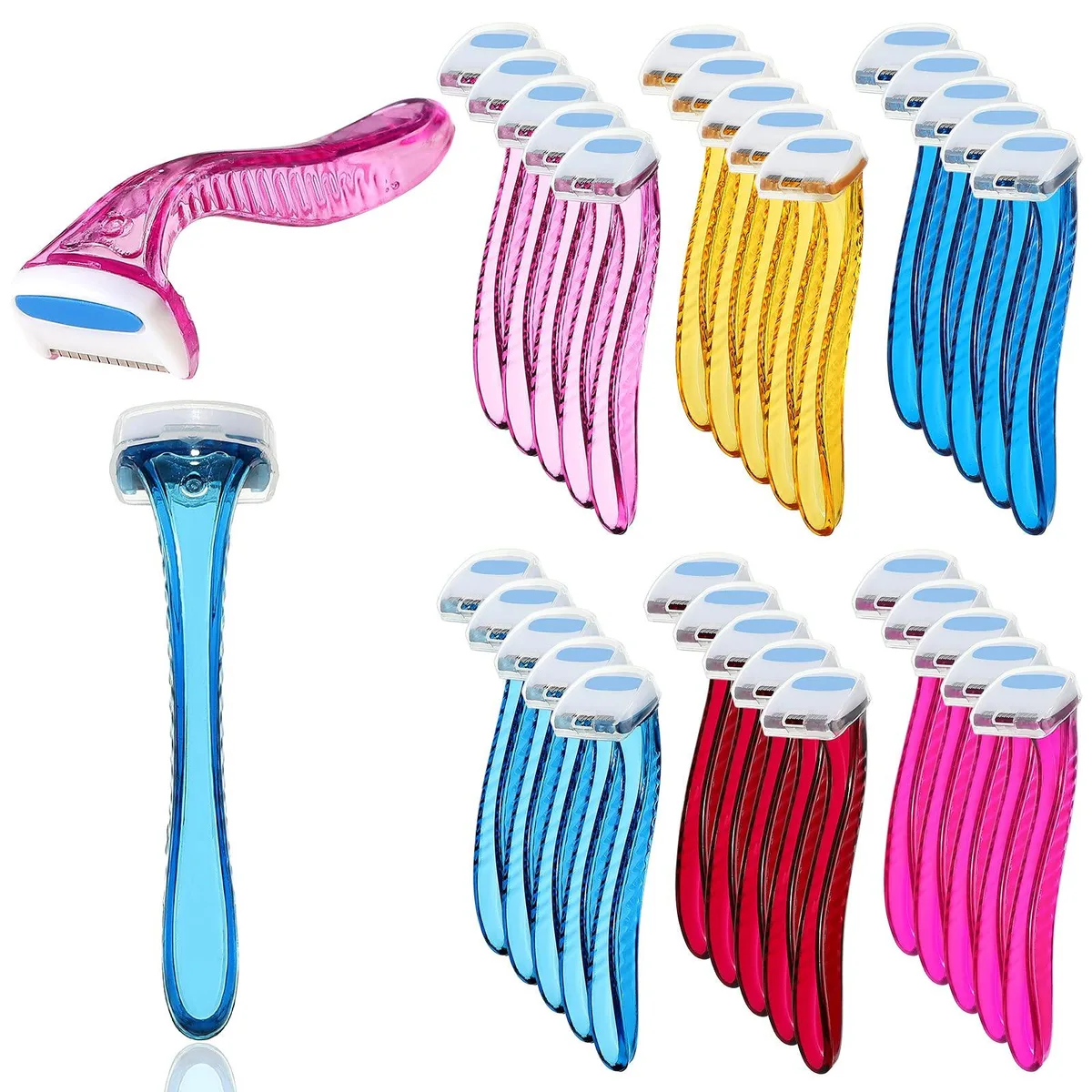 Thirty small T-shaped plastic razors in light blue yellow pink rose blue deep pink with protective covers