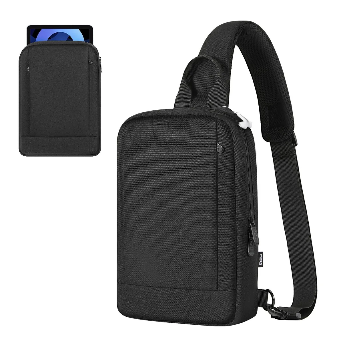 Black polyester shoulder bag for 9 to 11 inch tablets with adjustable strap and multiple pockets