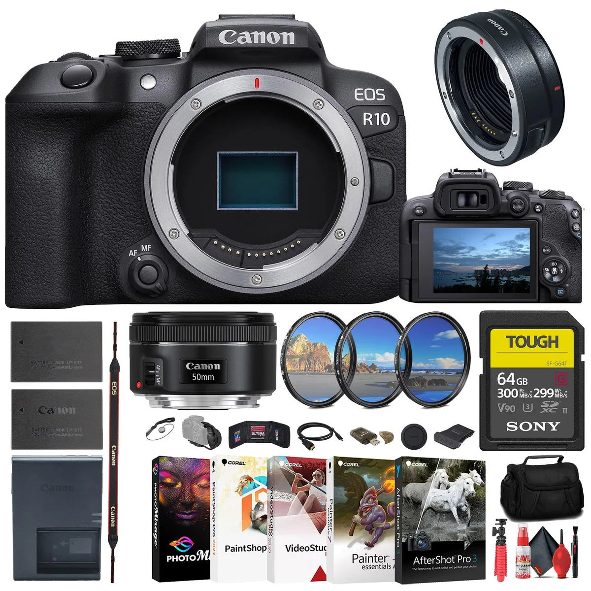 Canon Canon EOS R10 24.2MP camera kit with EF 50mm f/1.8 lens, adapter, 64GB card and accessories — product photo