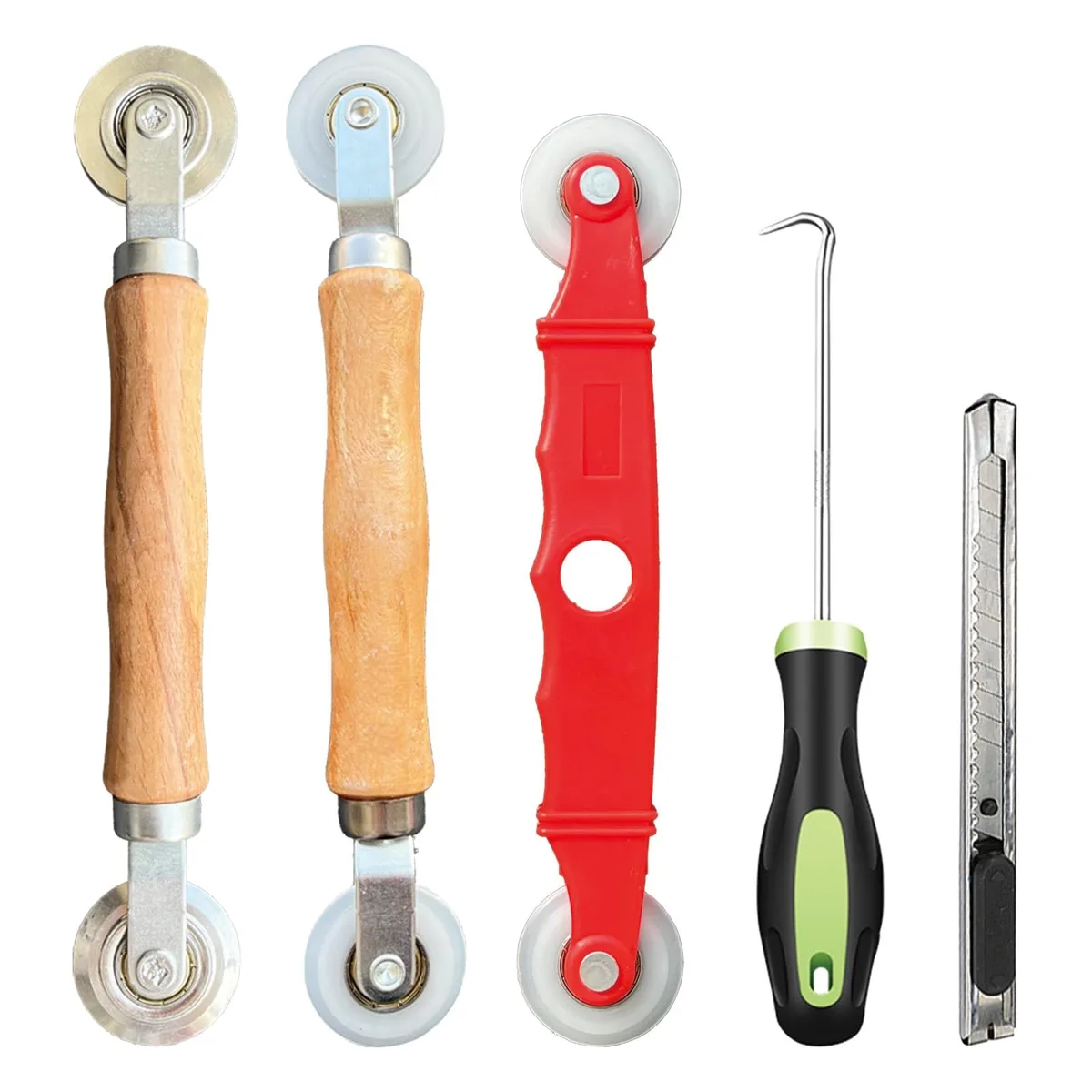 Screen repair kit with roller tools and wooden handle in compact case