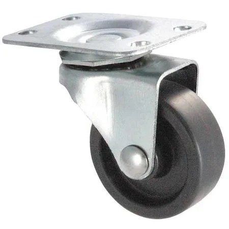 Small black polyolefin wheel on a silver metal swivel plate