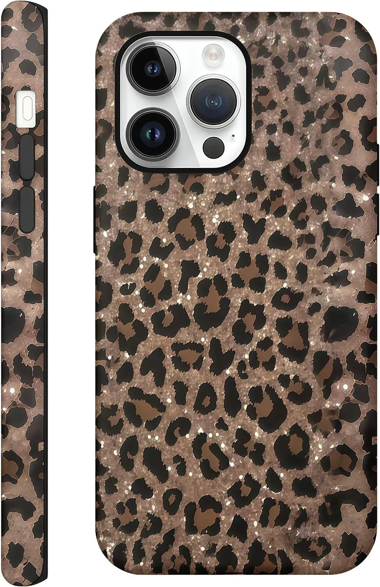 Transcend iPhone 15 Pro case brown leopard glitter hybrid shell