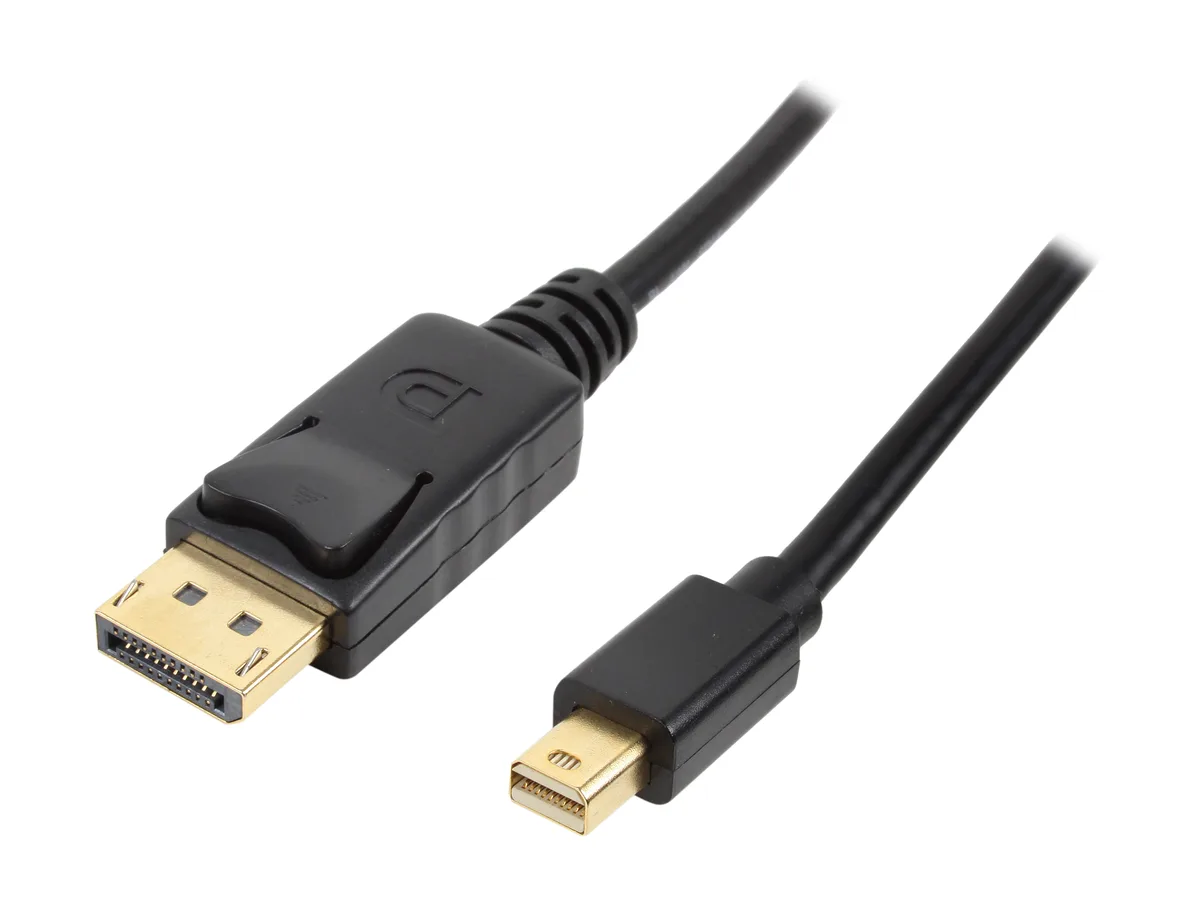 Six-foot black PVC cable with Mini DisplayPort and full-size DisplayPort male connectors