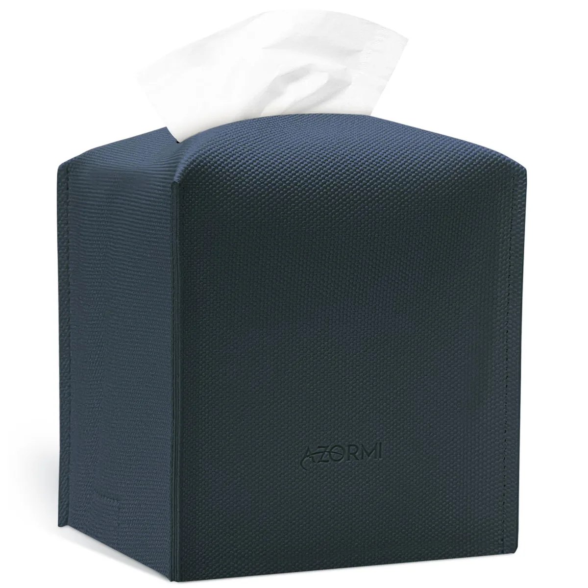 Square blue PU leather tissue box cover with woven pattern and wide top opening