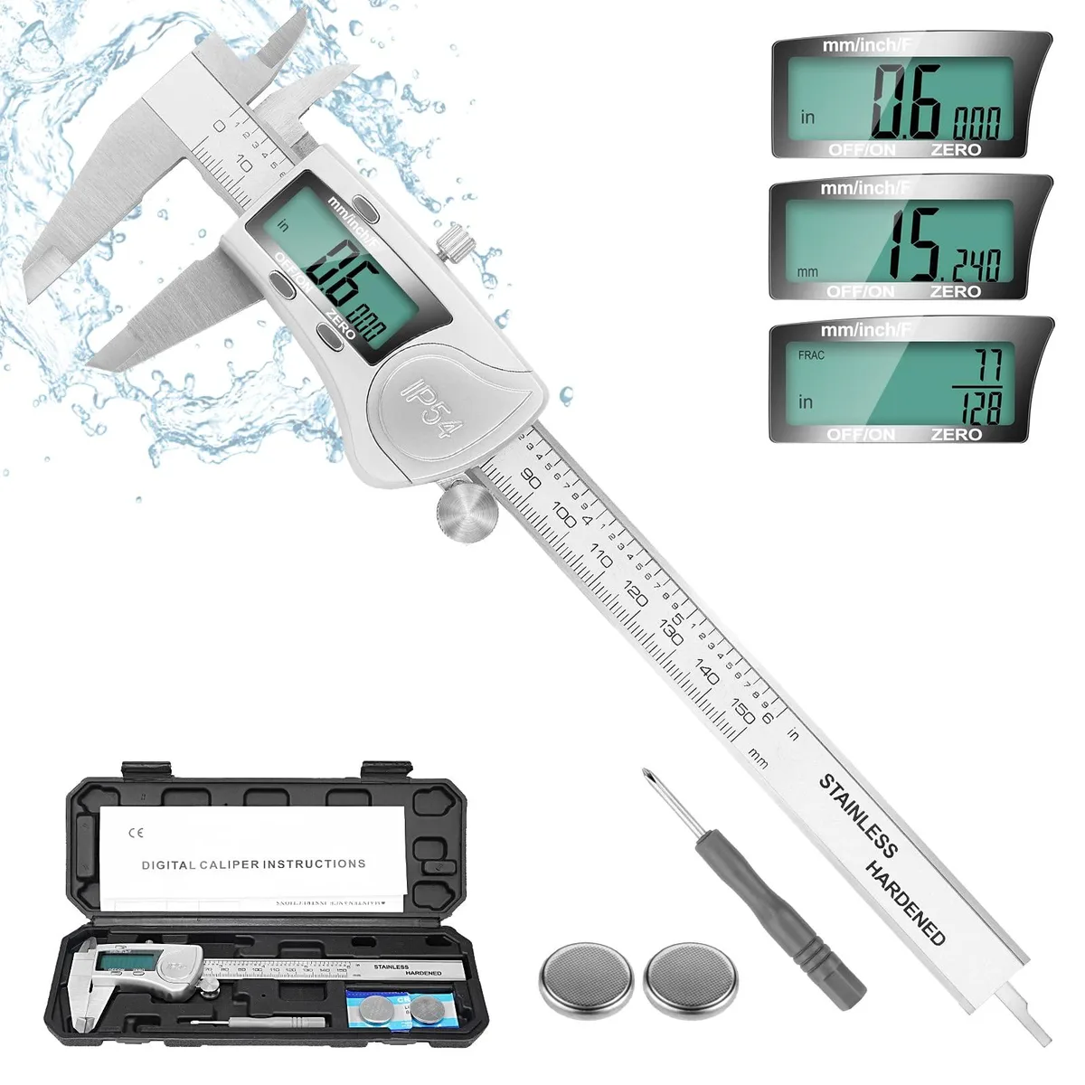 Stainless steel digital caliper with large LCD screen IP54 rated