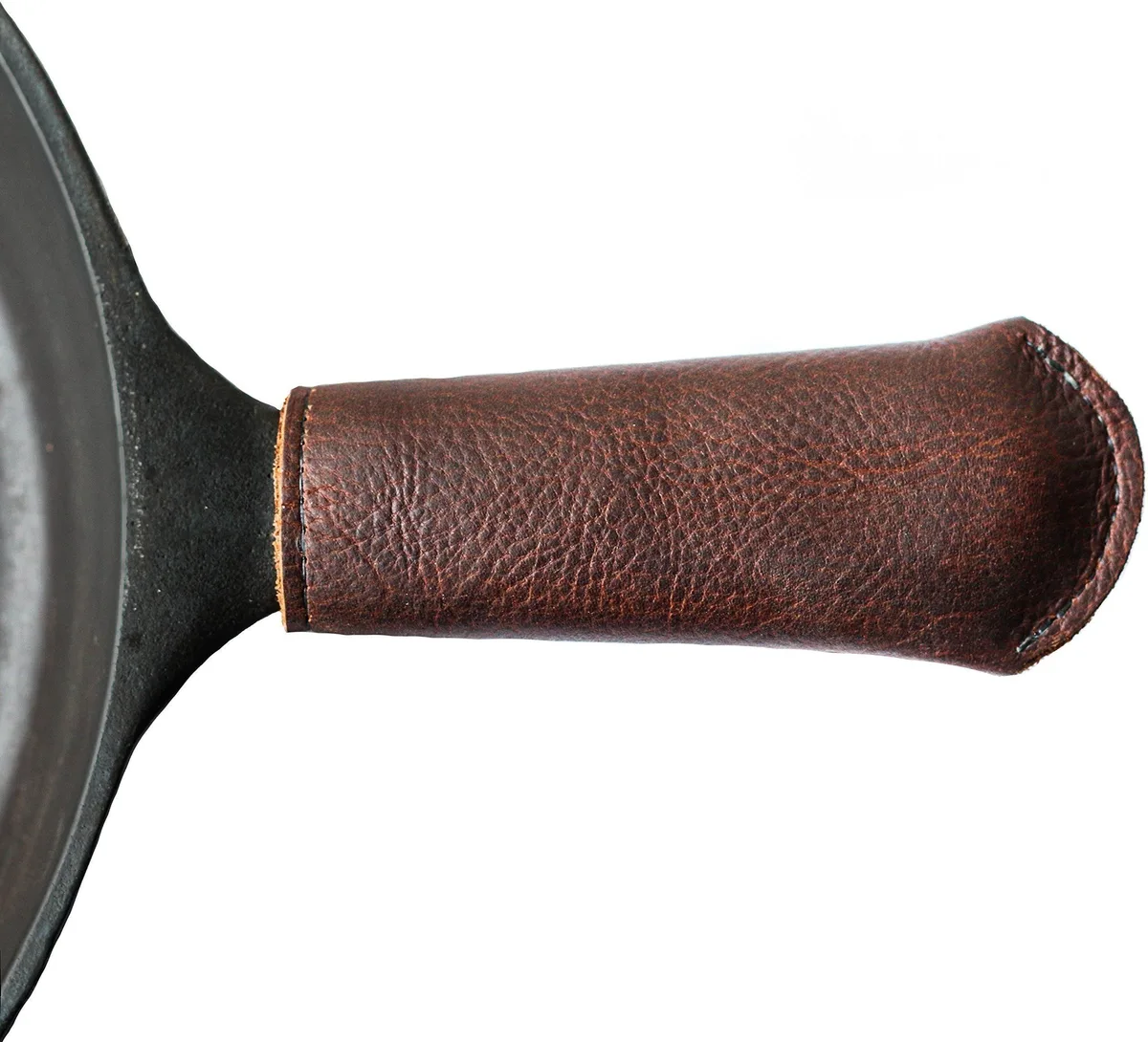 Leather cast iron pan handle cover, standard 4.5 inch size, double-layered oil-tanned full-grain leather with Kevlar thread stitching