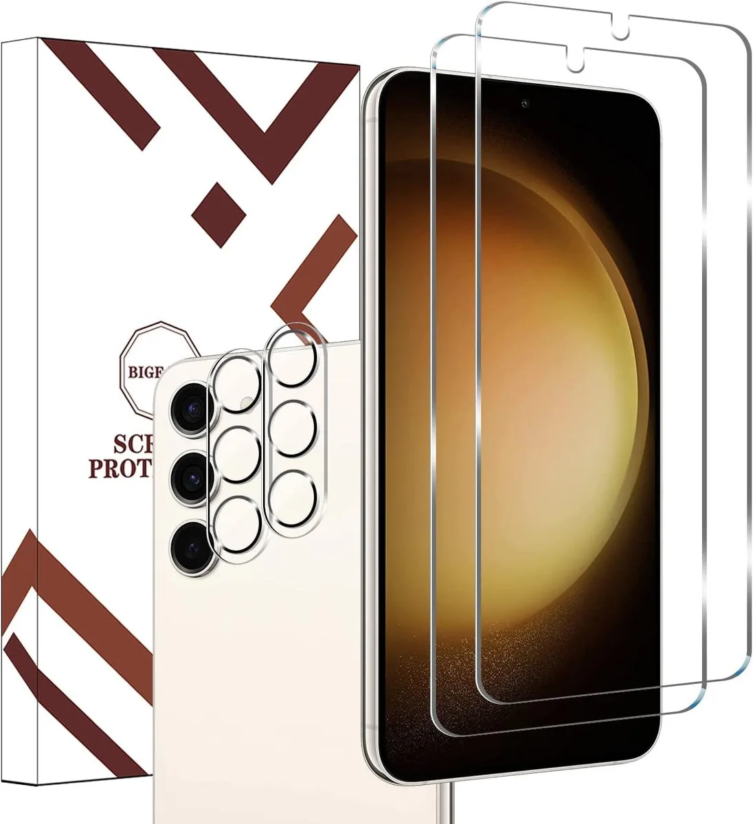 Clear tempered glass screen and lens protectors for Galaxy S23 in 2+2 pack