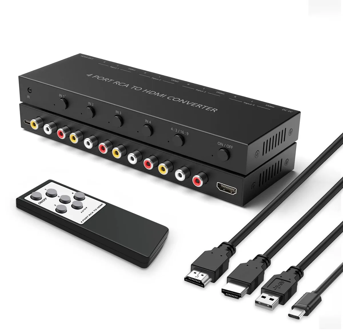 Small black metal box with four RCA ports and one HDMI port, includes remote control