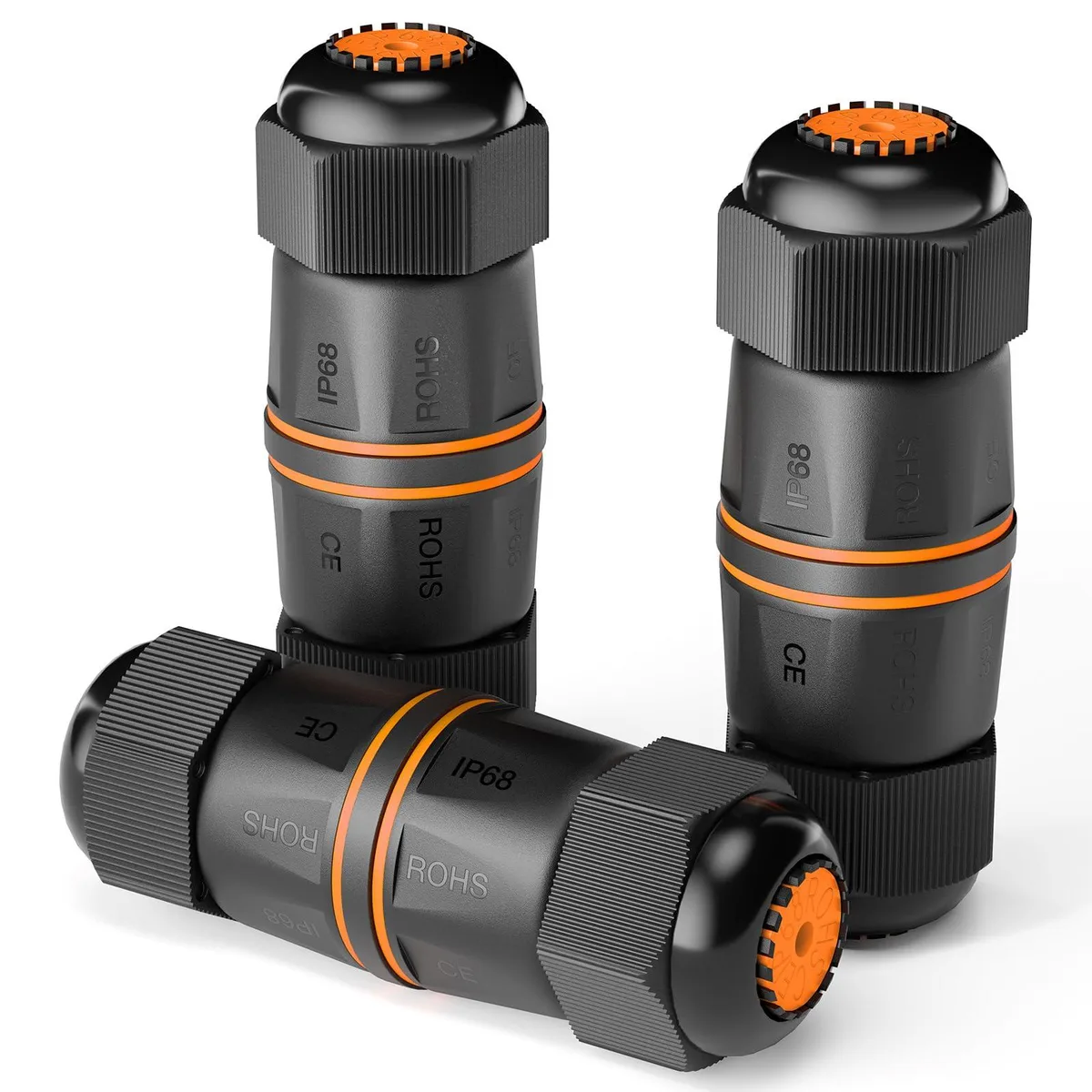 Three black waterproof RJ45 couplers with metal shielding and sealing caps