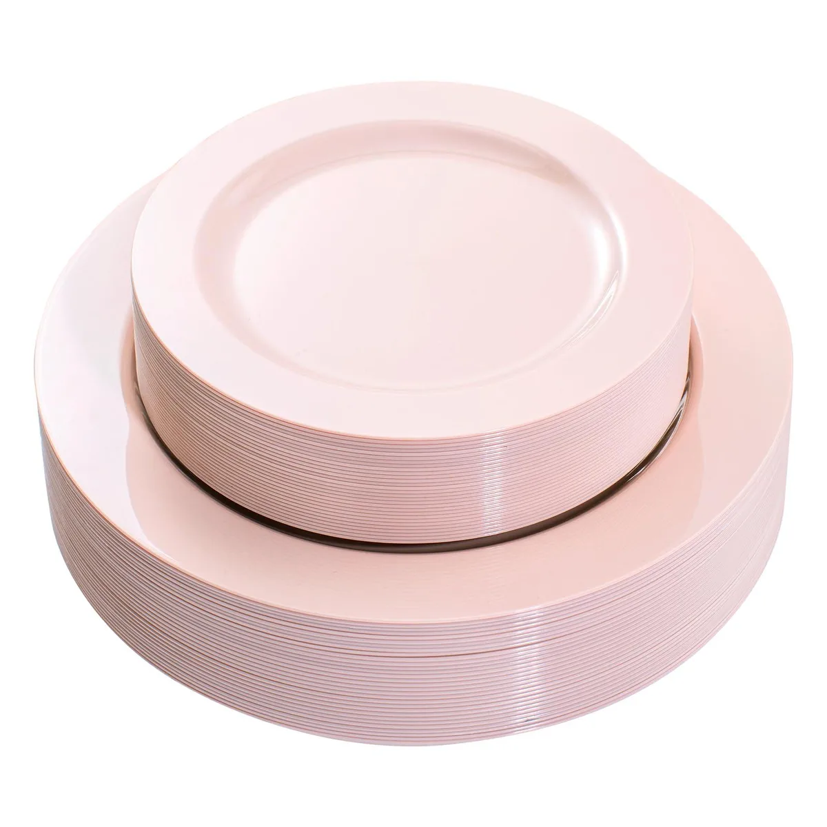 Stack of 60 pale pink rectangular plastic plates in two sizes 10.25in and 7.5in
