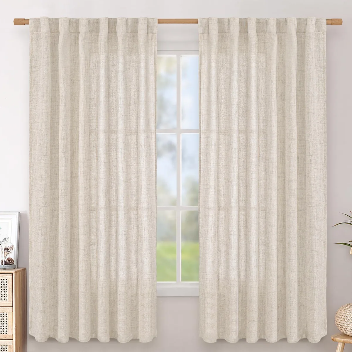 Two linen-coloured polyester curtain panels with rod pocket and back tabs