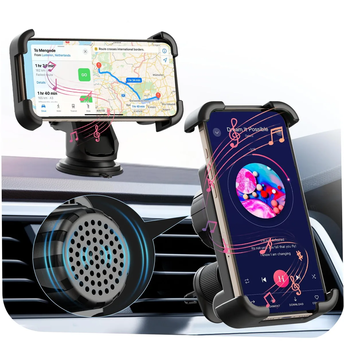 Car Phone Holder with Bluetooth Induction Speaker, Vent Mount, Black — product photo