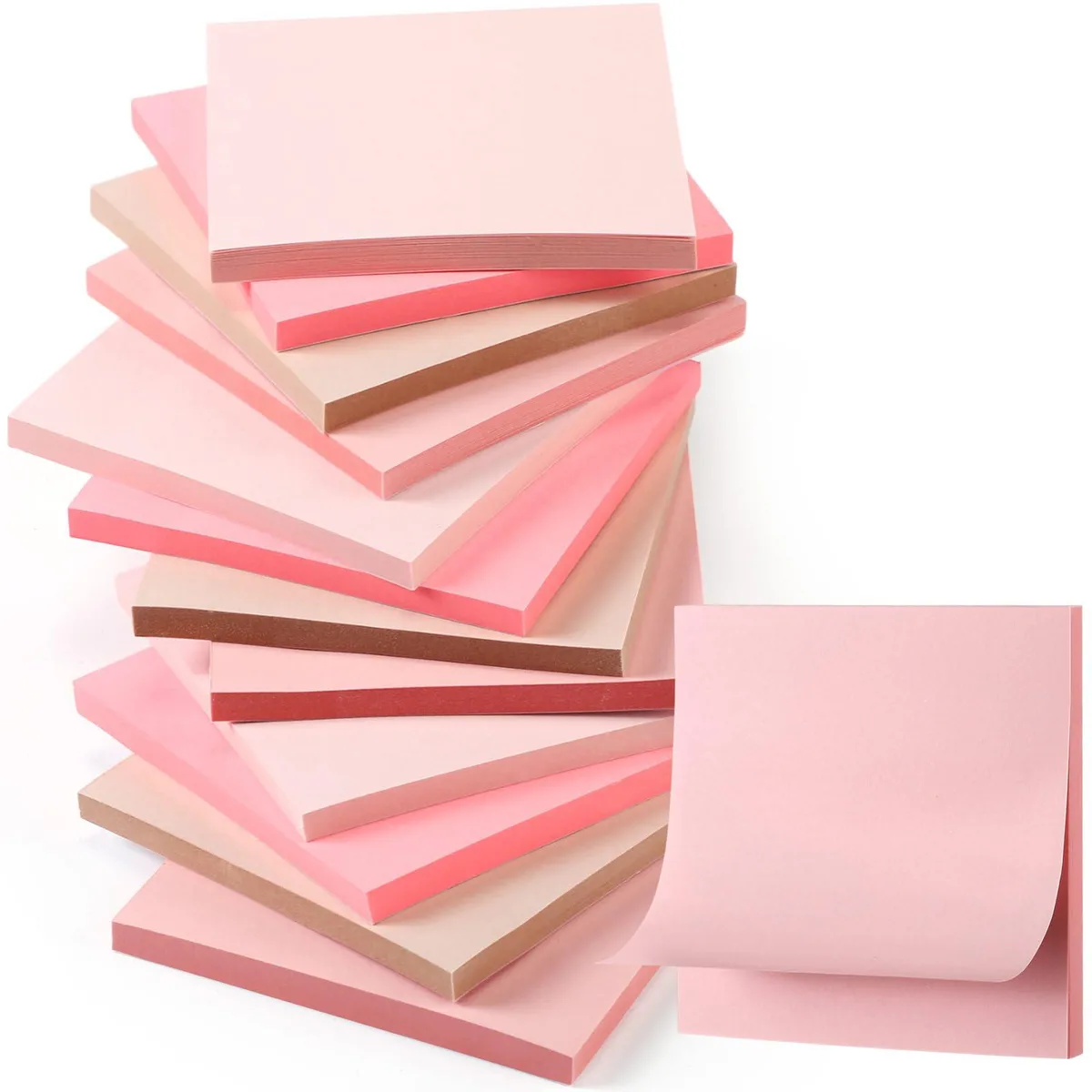 Twelve square sticky-note pads in gradient pink shades, 3 by 3 inches, 50 sheets each