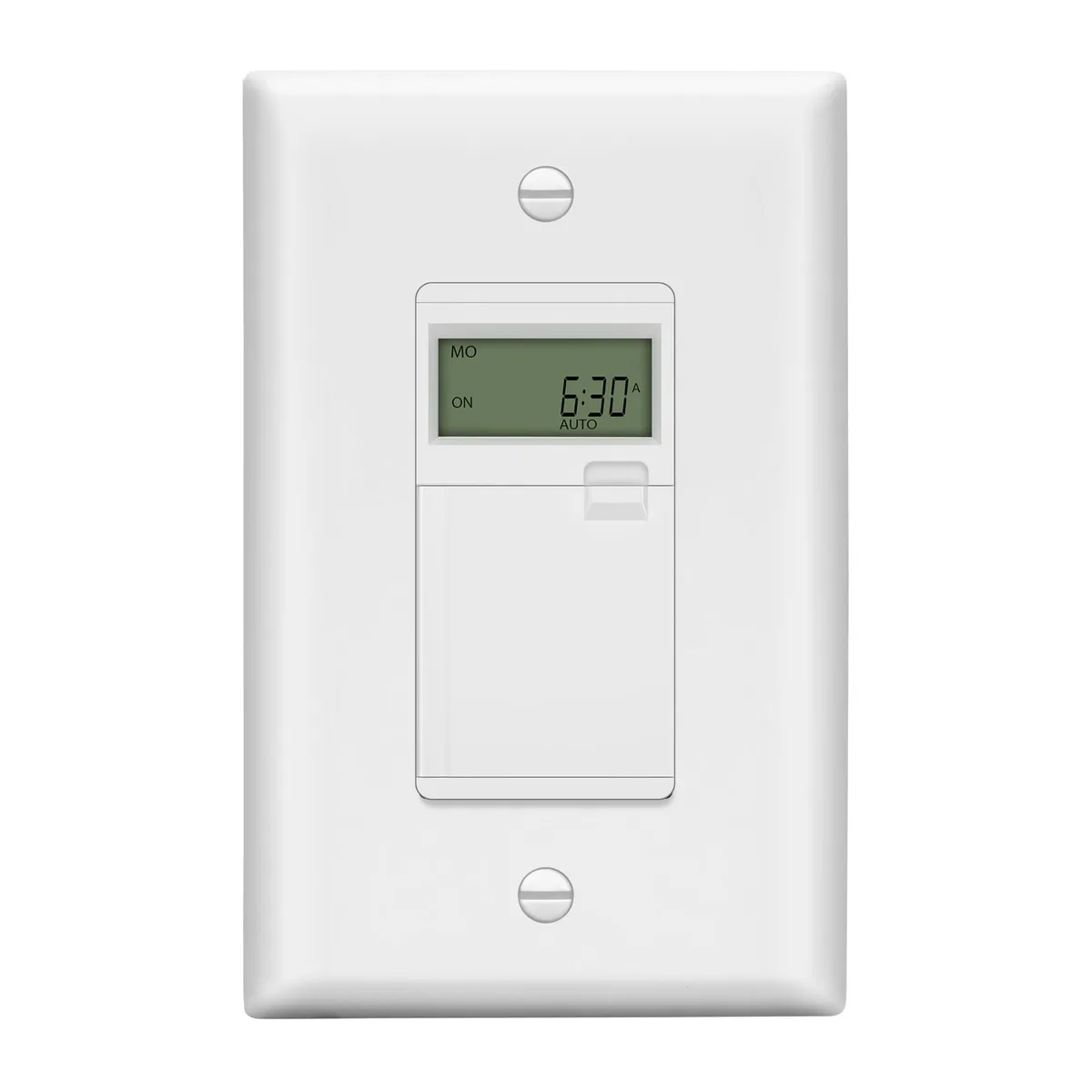 White rectangular wall-mount digital timer switch with LCD screen and push buttons