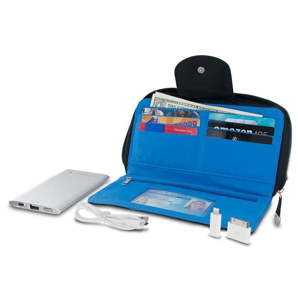 Black clutch wallet with wrist strap and built-in power bank