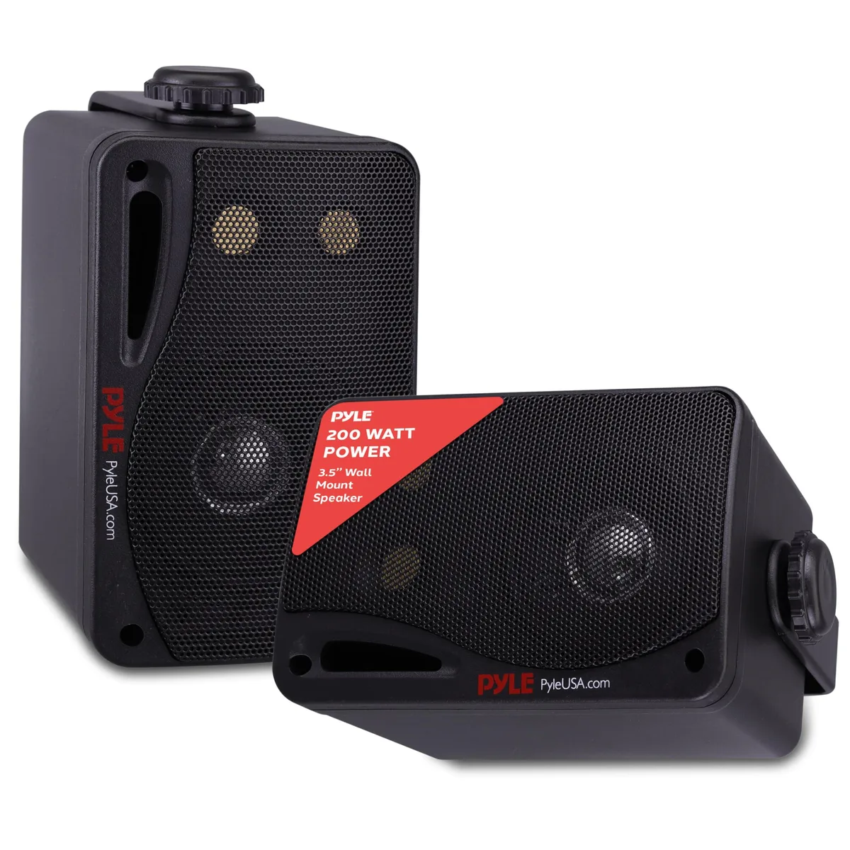 Pair of black outdoor speakers with heavy-duty grilles and mounting brackets