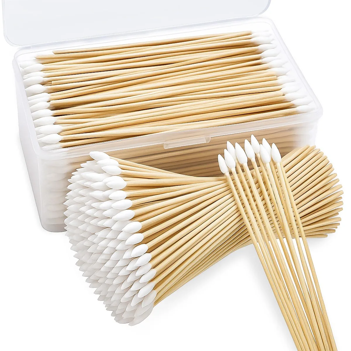 White storage box containing 500 pointed cotton swabs with bamboo handles