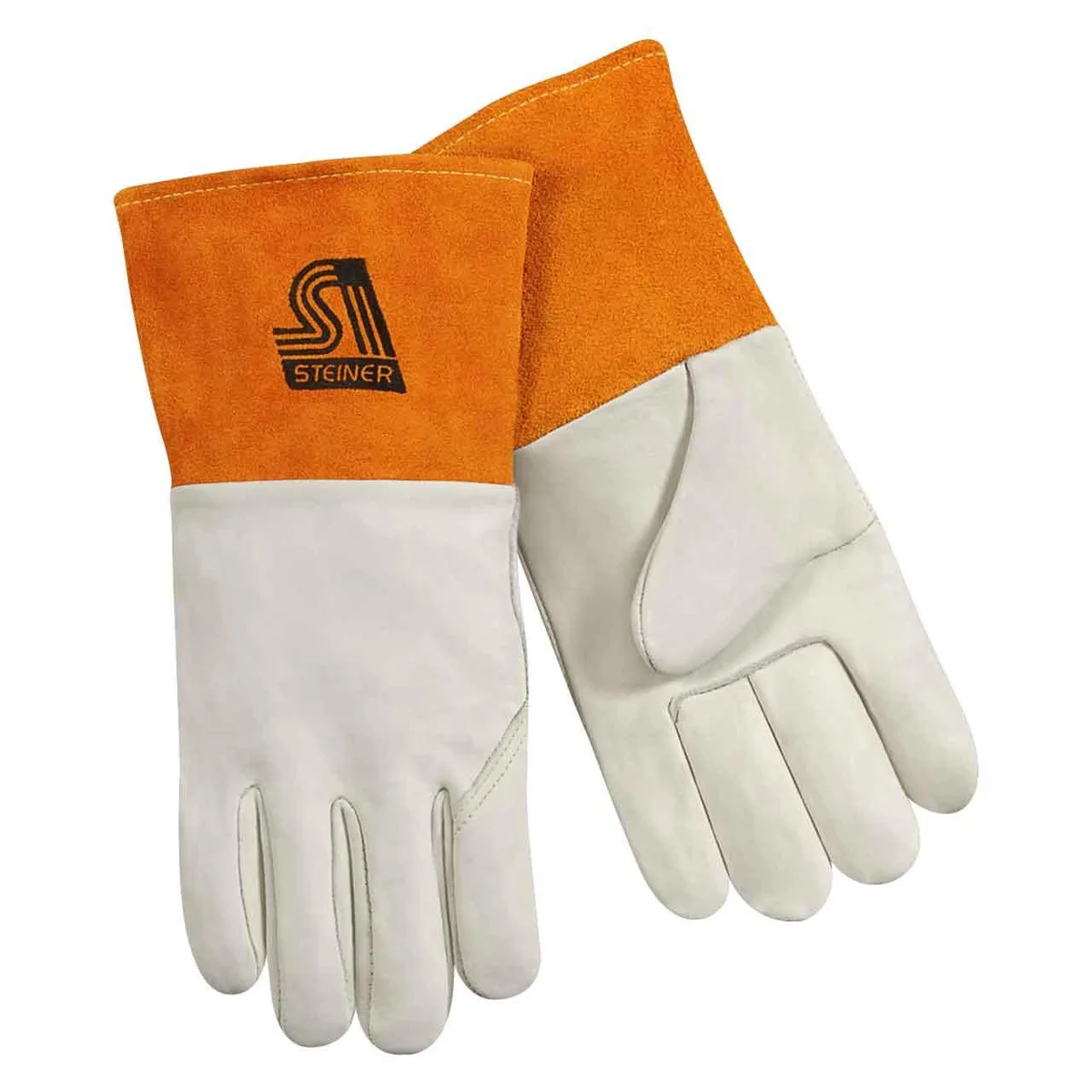 Pair of tan leather MIG welding gloves with long split cuffs, size 2X-Large