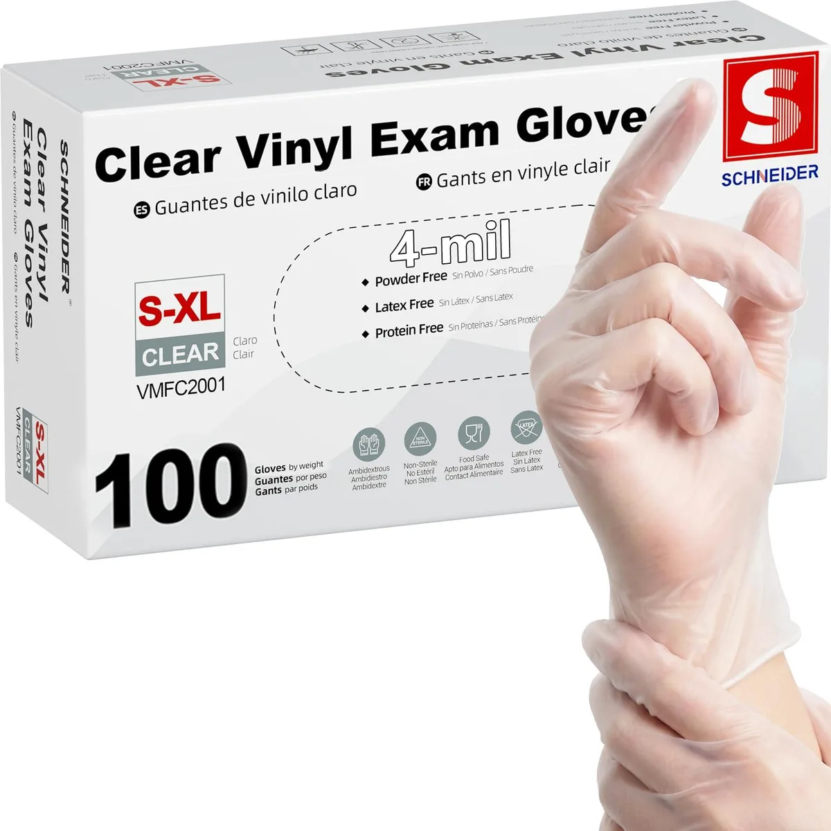  Schneider VMFC2003 Personal Protective Equipment Vinyl Exam Gloves 4-mil Large 100-count Box — product photo