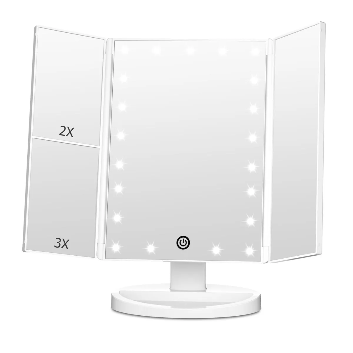 White trifold vanity mirror with 21 LEDs, 14.33in wide, detachable base