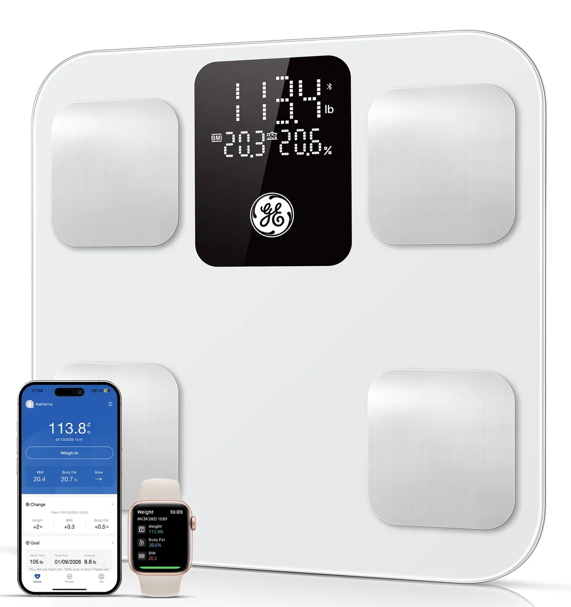 White rectangular bath scale with 11-inch LED display and textured glass platform