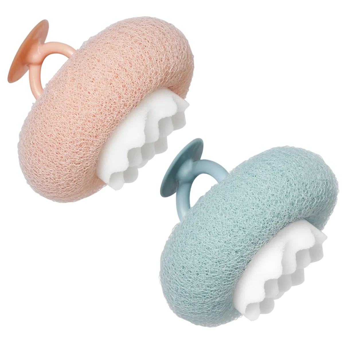  YUMMIS Sunflower Suction Cup Bath Ball 2-in-1 Sponge Brush Cyan Pink — product photo