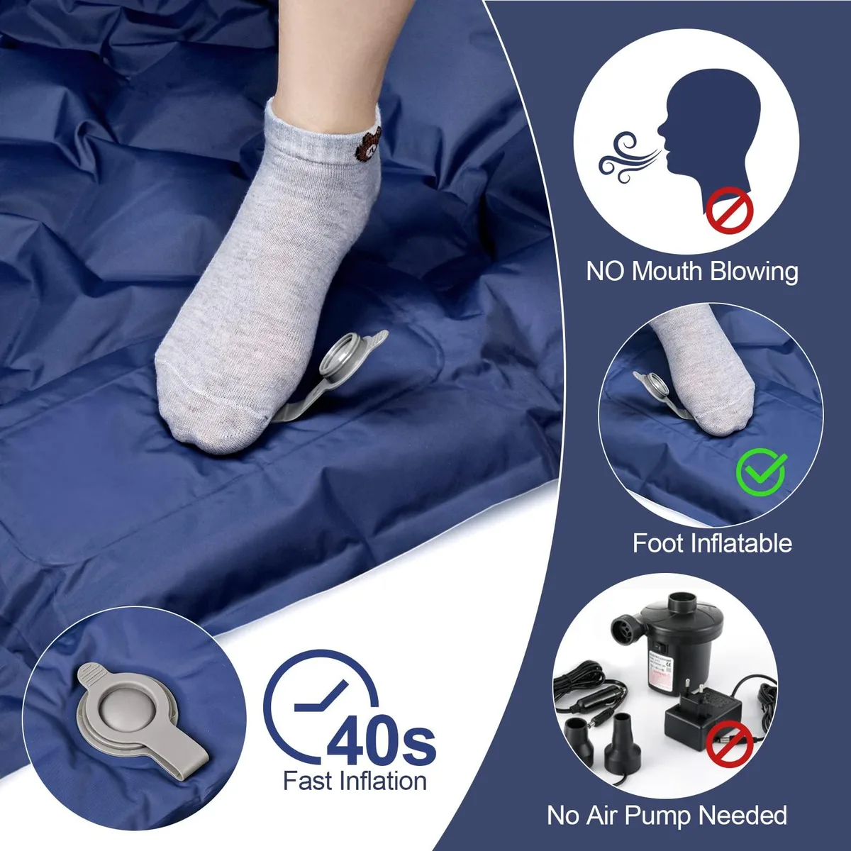 Blue ultralight sleeping pad with built-in foot pump and integrated pillow, folded to 28 x 10 cm