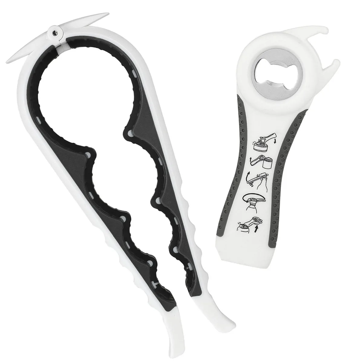 Two black and white rubber jar openers, ergonomic handles, compact size