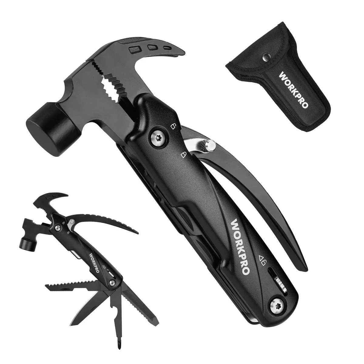 Blue 12-in-1 multitool hammer with pliers, safety lock and nylon pouch
