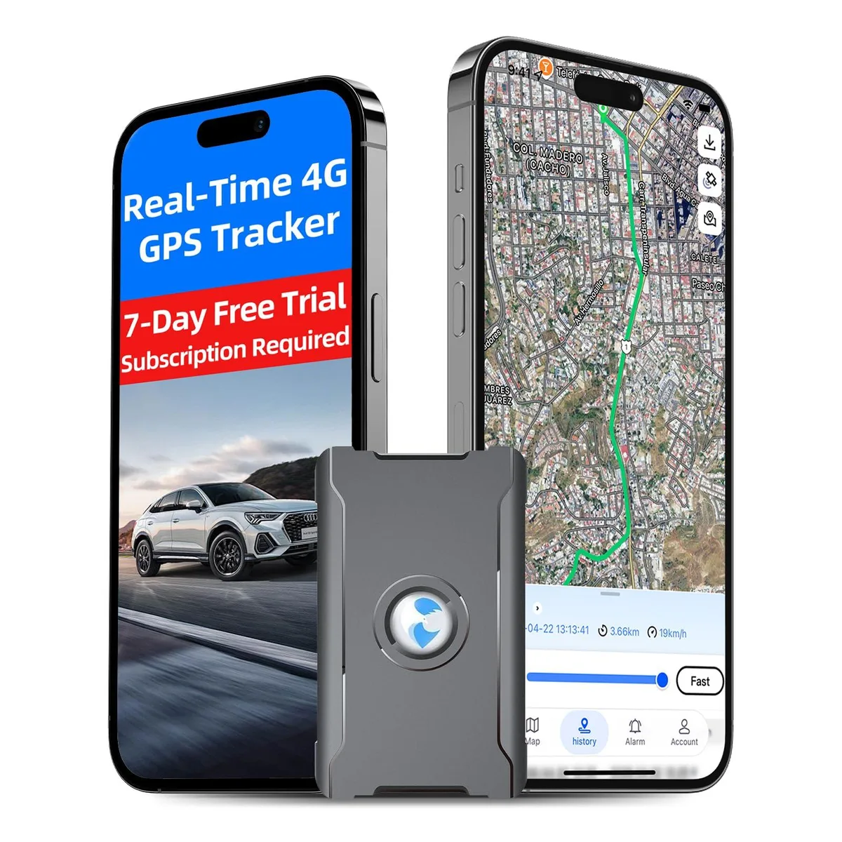 Small black rectangular GPS tracker with magnetic base, 6000mAh battery, 4G LTE connectivity