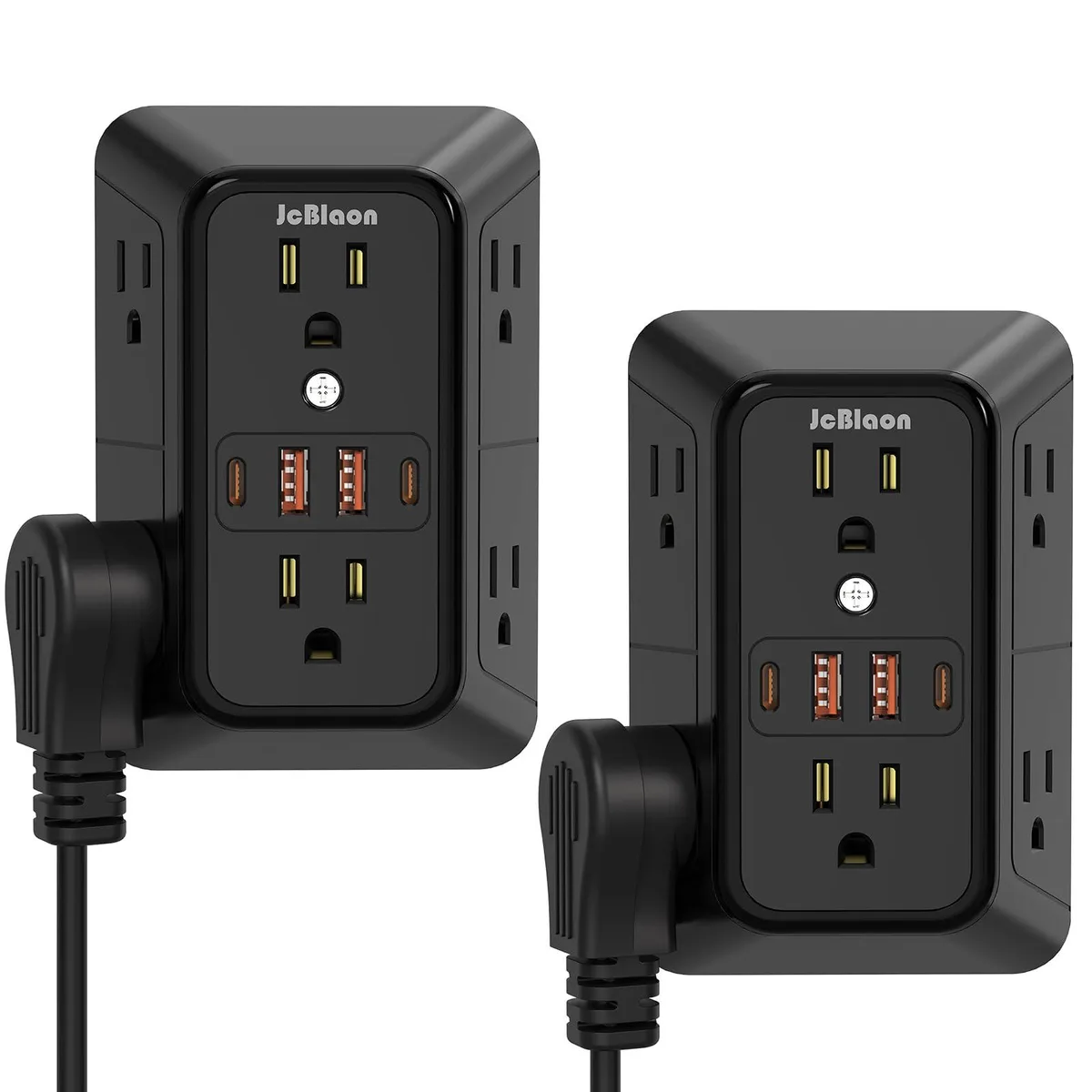 Black three-sided outlet extender with six AC sockets and four USB ports, two-pack