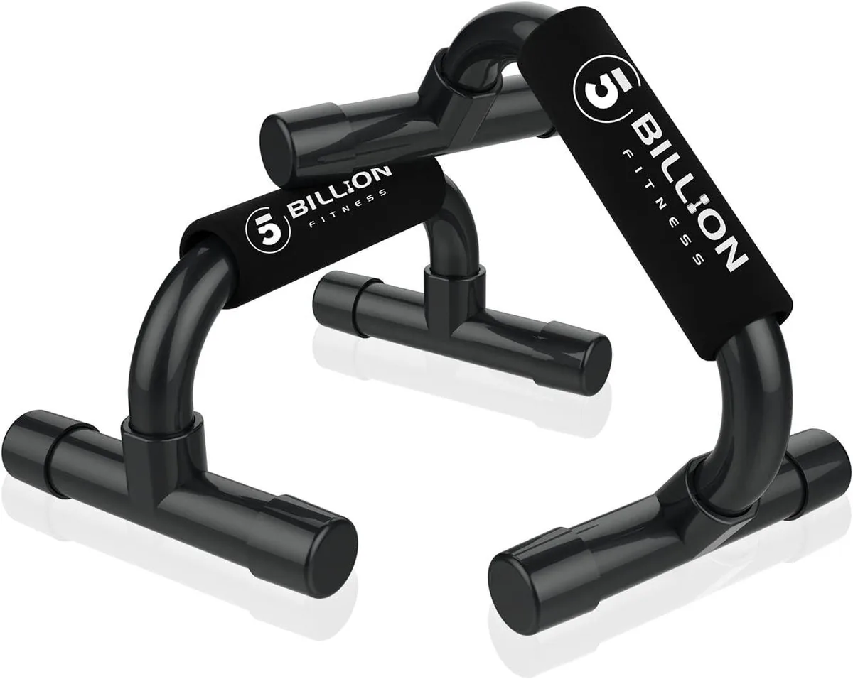 Black PVC push-up bars, 14 inches long with foam grips