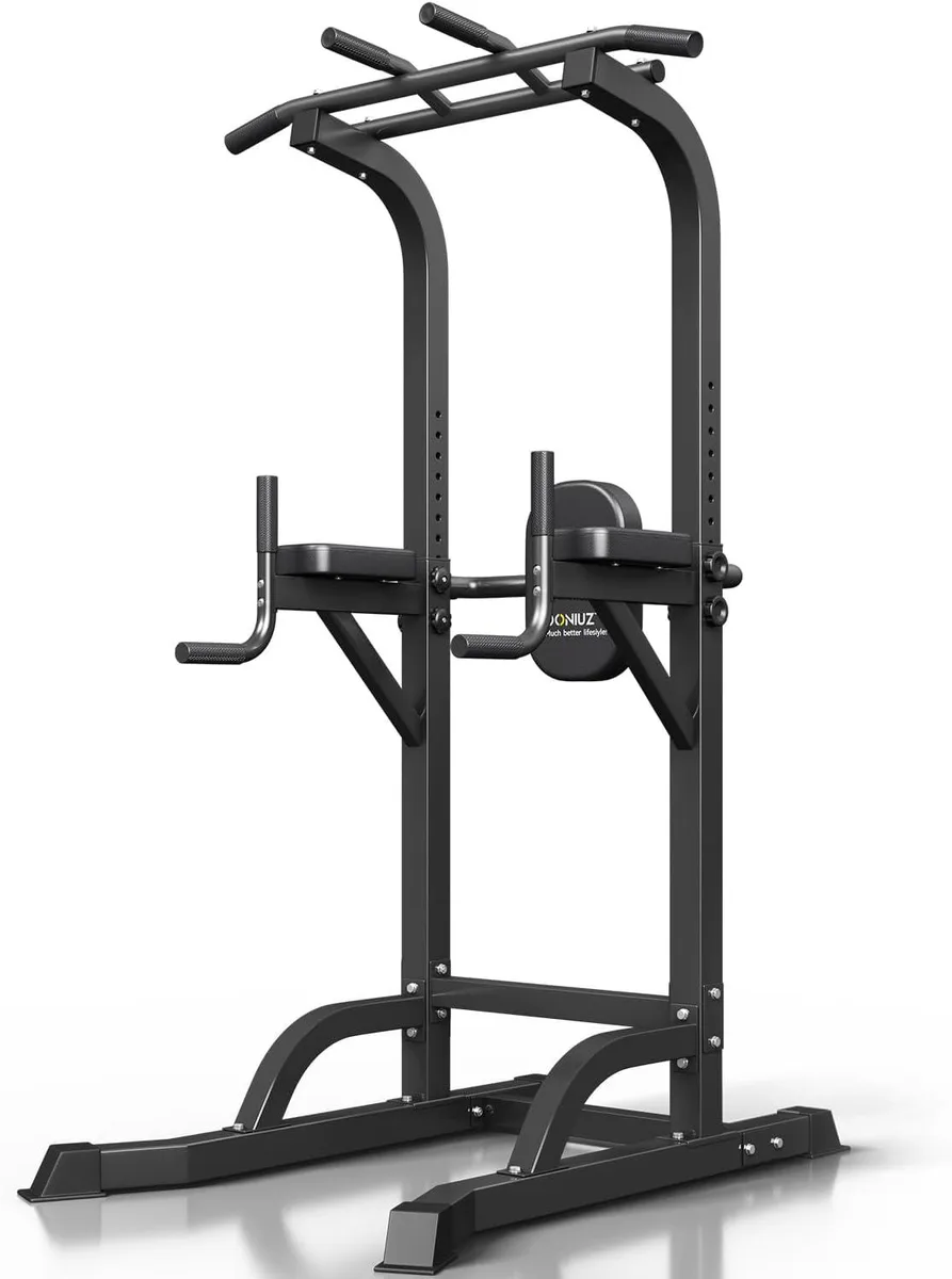Black steel power tower with pull-up bar, dip handles, backrest and elbow pads, height adjustable