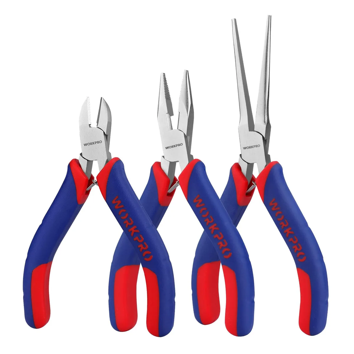 Three small pliers with blue handles on a light background